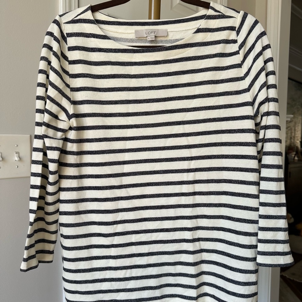 LOFT Striped Boatneck Top with Back Overlap Detail, White/Navy, Medium